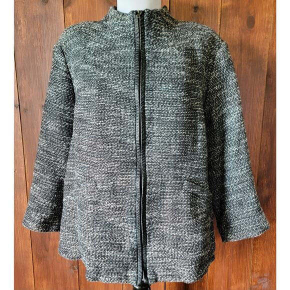 Eileen Fisher Woman 1X Black & White Tweed Leather Trim Full Zip Blazer Jacket - Picture 2 of 13